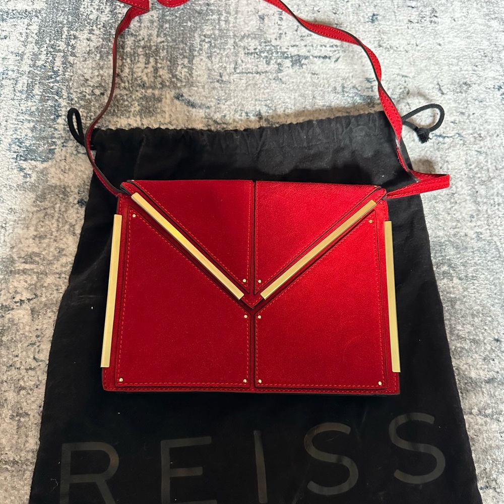 Reiss Red Suede Envelope Crossbody Bag with Gold Metal Accents
